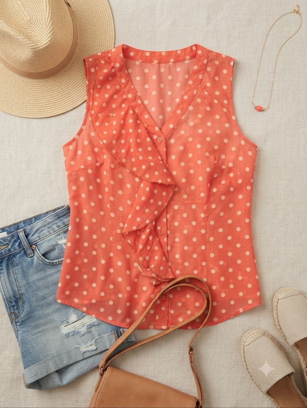 Tulle Red Orange White Polka Dot Silk Cotton Button Down Ruffle Sleeveles Blouse